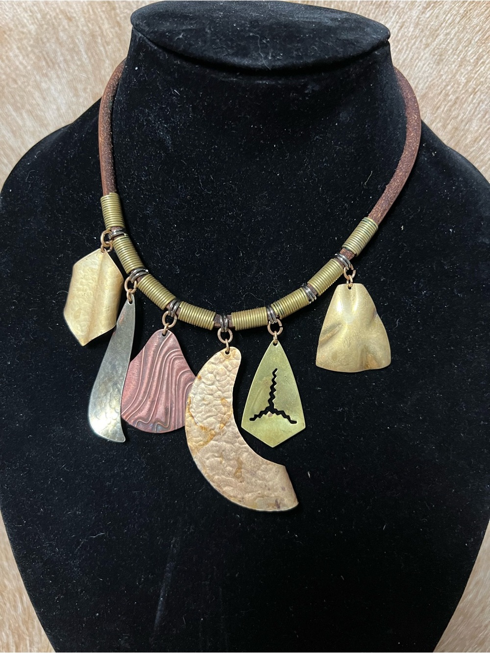 Mixed Metal  brass copper necklace on a- Brown leather  Cord